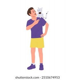 Happy young man isolated cartoon character carrying little kitten robotic pet animal on shoulder