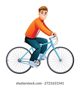 Jovem feliz na jaqueta andando de bicicleta para o estilo de vida urbano saudável. Ilustração de personagem de desenho animado vetorial