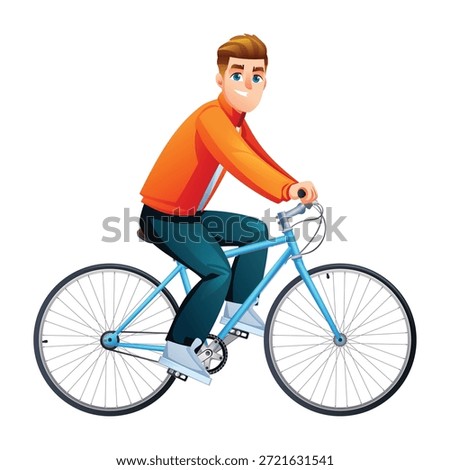 Happy young man in jacket riding bicycle for healthy urban lifestyle. Vector cartoon character illustration