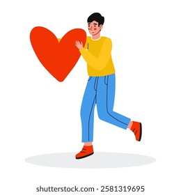 A Happy Young Man Joyfully Running While Holding a Heart Symbol for Love and Affection