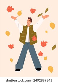 A happy young man joyfully throws up bright autumn leaves, outdoors. A delightful celebration of seasonality. Vector illustration