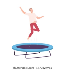 Happy Young Man Jumpig on Garden Trampoline, Fun and Leisure, Active Healthy Lifestyle Flat Style Vector Illustration