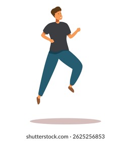 Happy young man is jumping in the air, running with a smile on his face