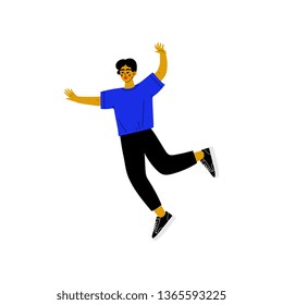 Happy Young Man Jumping Celebrating Important Event, Dance Party, Friendship, Sport Concept Vector Illustration