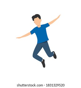 Happy young man jumping flat illustration for website and mobile, with two hand just like flying