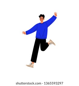 Happy Young Man Jumping, Guy Celebrating Important Event, Dance Party, Friendship, Sport Concept Vector Illustration