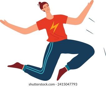 Happy young man jumping with joy in casual clothes. Enthusiastic male character celebrating success expression of happiness and freedom vector illustration.