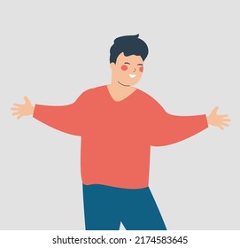 Un joven feliz saltando con los brazos extendidos. niño sonriente con los brazos abiertos y una expresión facial amistosa. Concepto de éxito, bienestar de la salud mental, estilo de vida saludable y amistad. Material vectorial