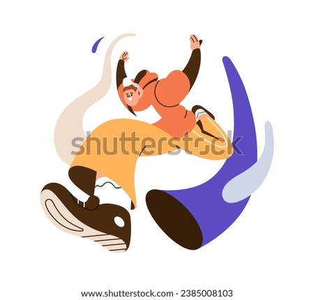 Happy young man jumping, running fast with joy, energy. Free excited energetic person rushing. Dream, inspiration, ambition concept. Flat graphic vector illustration isolated on white background