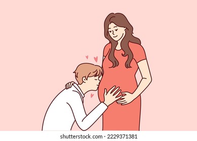 Happy young man kiss pregnant woman belly excited about parenthood. Smiling future father hug wife. Pregnancy and parenting. Vector illustration. 