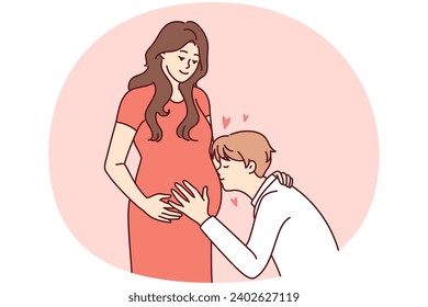 Feliz hombre joven besando el vientre de una mujer embarazada emocionada por la paternidad. El futuro padre sonriente abraza a su esposa. Embarazo y paternidad. Ilustración vectorial.