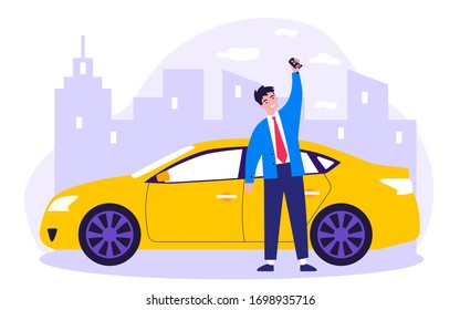 Happy young man leasing car flat vector illustration. Driver holding in hand keys to his new vehicle. Dealer making presentation for modern auto. Transport and lease concept