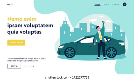 Happy young man leasing car flat vector illustration. Driver holding in hand keys to his new vehicle. Dealer making presentation for modern auto. Transport and lease concept