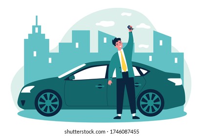 Happy young man leasing car flat vector illustration. Driver holding in hand keys to his new vehicle. Dealer making presentation for modern auto. Transport and lease concept