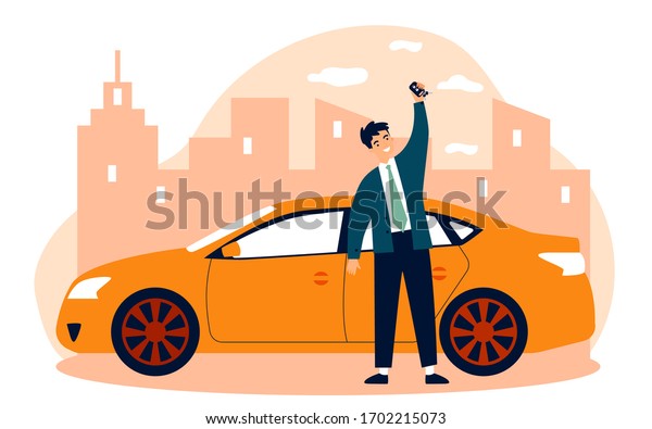 Happy young man leasing\
car flat vector illustration. Driver holding in hand keys to his\
new vehicle. Dealer making presentation for modern auto. Transport\
and lease concept