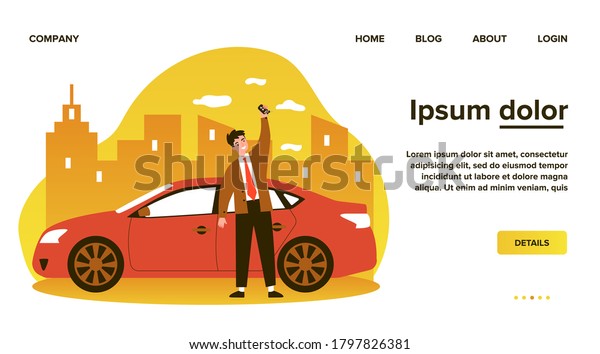 Happy young man leasing\
car flat vector illustration. Driver holding in hand keys to his\
new vehicle. Dealer making presentation for modern auto. Transport\
and lease concept