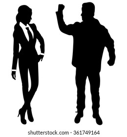 happy young man in leather jacket showing muscle Arms, woman looking at him