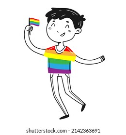 A happy young man with an LGBT flag in a linear doodle style. Vector isolated LGBT pride illustration.