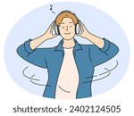 Happy young man listen music in earphones. Smiling guy enjoy good quality sound in wireless modern headphones. Technology. Vector illustration.