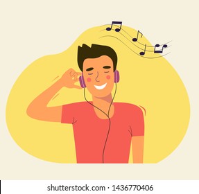 Happy young man listening to music with headphones. Vector flat style illustration