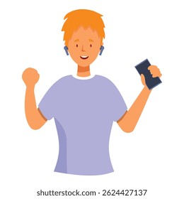 Happy young man listening music in earphones, holding smartphone and raising hand in the air