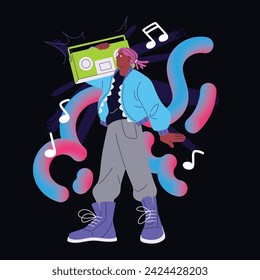 Happy young man listens to disco music of 80s, pop songs of 90s. Oldfashioned character holds on shoulder retro boombox, tape audio sound player, cassette mixtape. Flat isolated vector illustration