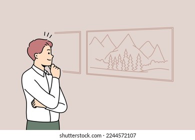 Happy young man look at paintings in museum. Smiling guy stare at drawing enjoy art on wall. Hobby and entertainment. Vector illustration. 