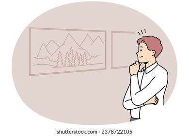 Happy young man look at paintings in museum. Smiling guy stare at drawing enjoy art on wall. Hobby and entertainment. Vector illustration.