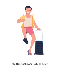 Happy young man with luggage hurrying to flight at airport. Rushing tourist going on summer vacation trip cartoon vector illustration