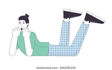 Happy young man lying 2D linear cartoon character. Taking break. Caucasian male resting isolated line vector person white background. Relaxation on free time color flat spot illustration