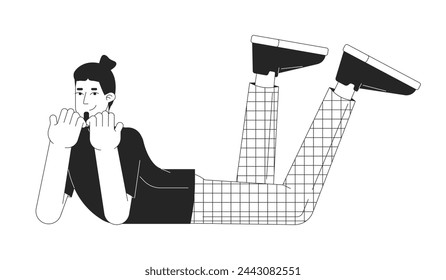 Happy young man lying black and white 2D line cartoon character. Taking break. Caucasian male resting isolated vector outline person. Relaxation on free time monochromatic flat spot illustration