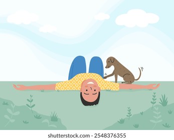 Happy young man lying down on grass with a dog and  clear sky background.