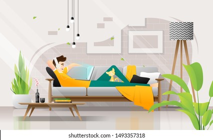 Happy young man lying on sofa with laptop in living room, relaxing weekend at home ,vector , illustration