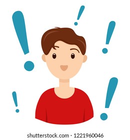Happy young man make a successful solution. Smart person with exclamation marks around. Vector illustration in flat style.