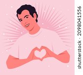 Happy young man is making a heart sign with his hands. Love gesture. Portrait of a loving guy. Valentine’s day postcard. Vector flat illustration.