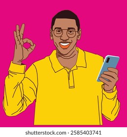 Happy young man making an 'OK' sign with his hand and smiling.