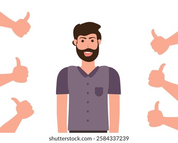 happy young man and many hands with thumbs up, Social positive approval, public positive acceptance and respect opinion vector, illustration.