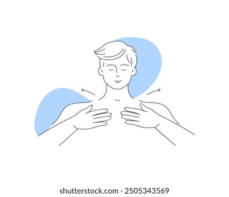 Happy young man massaging neck with massage arrows upwards vector illustration