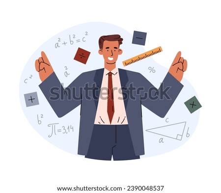 Happy young man mathematician, vector illustration isolated on white background. Male character scientist or teacher character, mathematical formulas and symbols around him. Simple cartoon style.