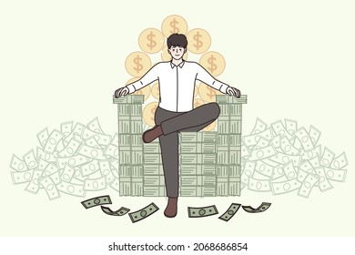 Happy young man millionaire sit on chair stack on money banknotes. Smiling confident businessman reach success in business. Wealth and greedy. Finance. Billionaire life. Flat vector illustration. 