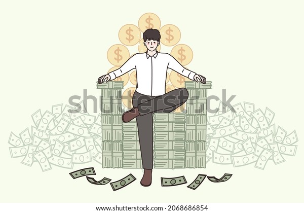 Happy young man millionaire sit on chair stack on money\
banknotes. Smiling confident businessman reach success in business.\
Wealth and greedy. Finance. Billionaire life. Flat vector\
illustration. 