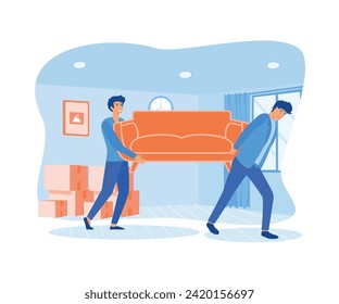 Happy young man move sofa furniture in room.  flat vector modern illustration 