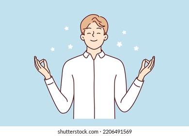 Happy young man with mudra hands meditate relieve negative emotions. Smiling calm male practice yoga think positive. Mental health concept. Vector illustration. 