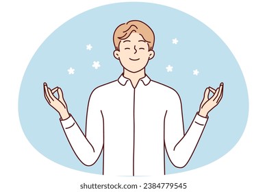 Happy young man with mudra hands meditate relieve negative emotions. Smiling calm male practice yoga think positive. Mental health concept. Vector illustration.