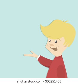 Happy young man offers some service or item pointing on it