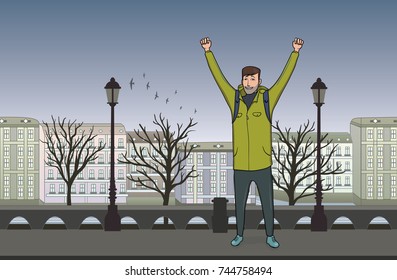 Happy young man on evening walk in the old European city. A tourist with their hands up, a gesture of success to goals. Vector Illustration.