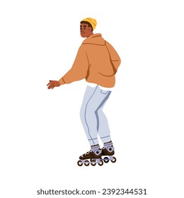 Happy young man on roller skates. Active modern smiling guy skater standing in rolling shoes. Cool male character skating outdoors. Flat vector illustration isolated on white background