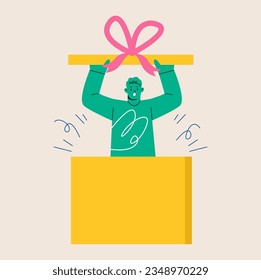 Happy young man opening a present box. Colorful vector illustration
