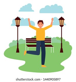 happy young man in the park with bench lamp post vector illustration