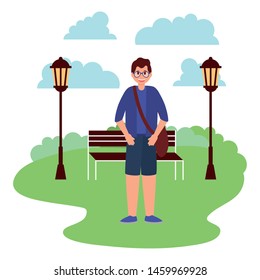 happy young man in the park with bench lamp post vector illustration